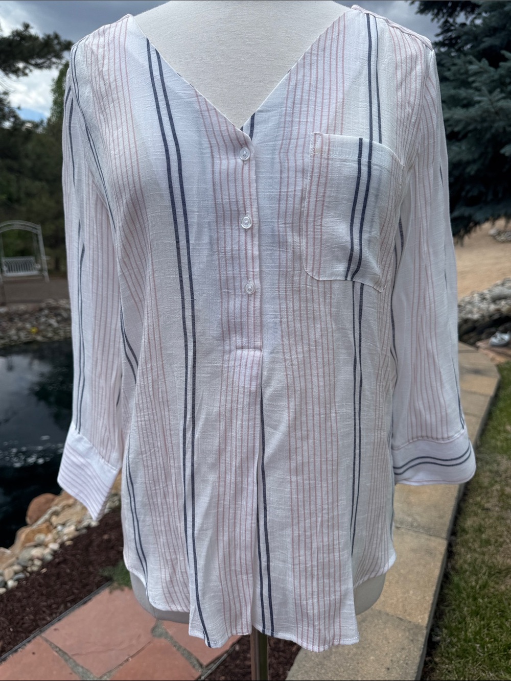 White with Pink & Navy Stripes V-Neck 3/4 Button Front Top